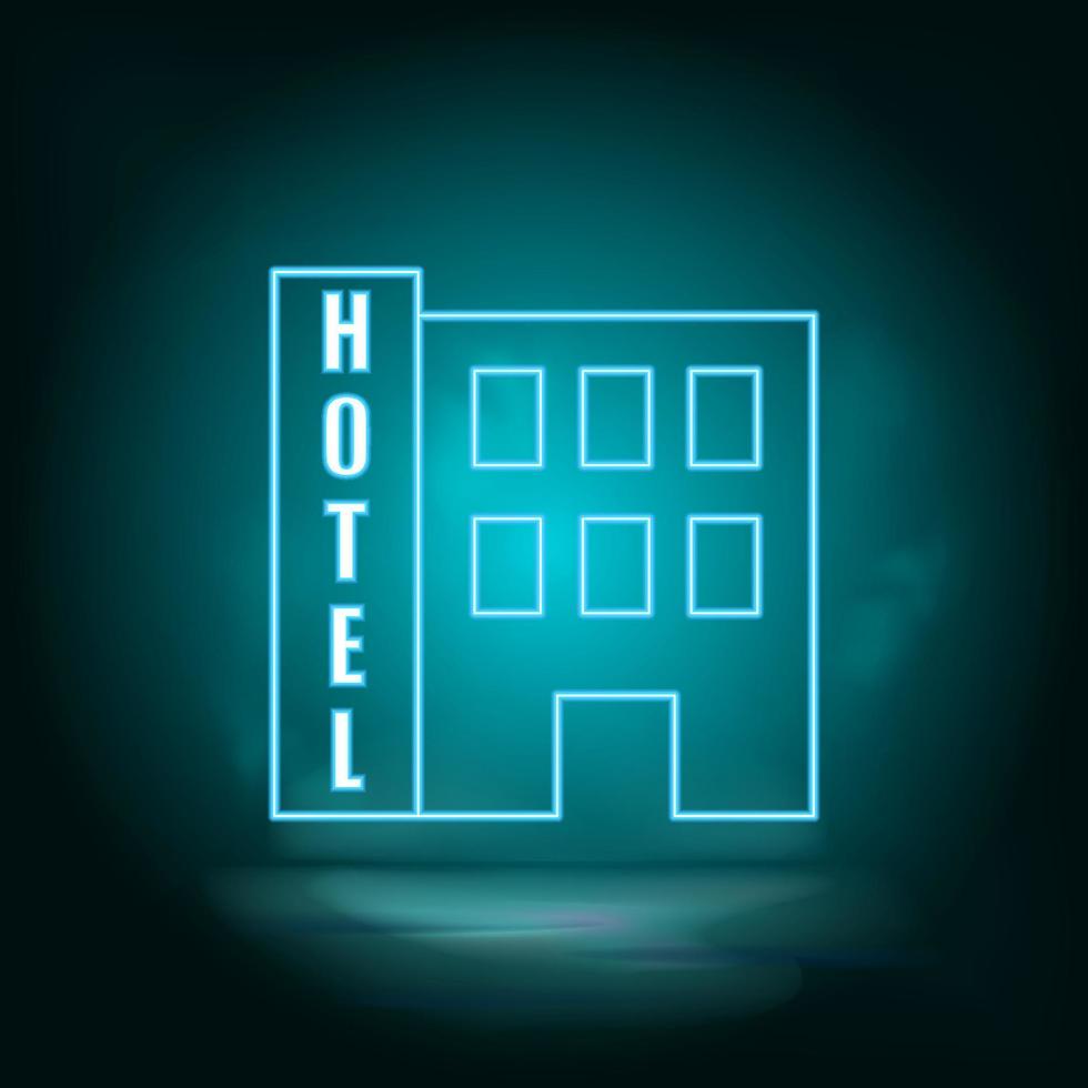 Bulding, neon blue, hotel. Blue neon, Building vector icon Vector background