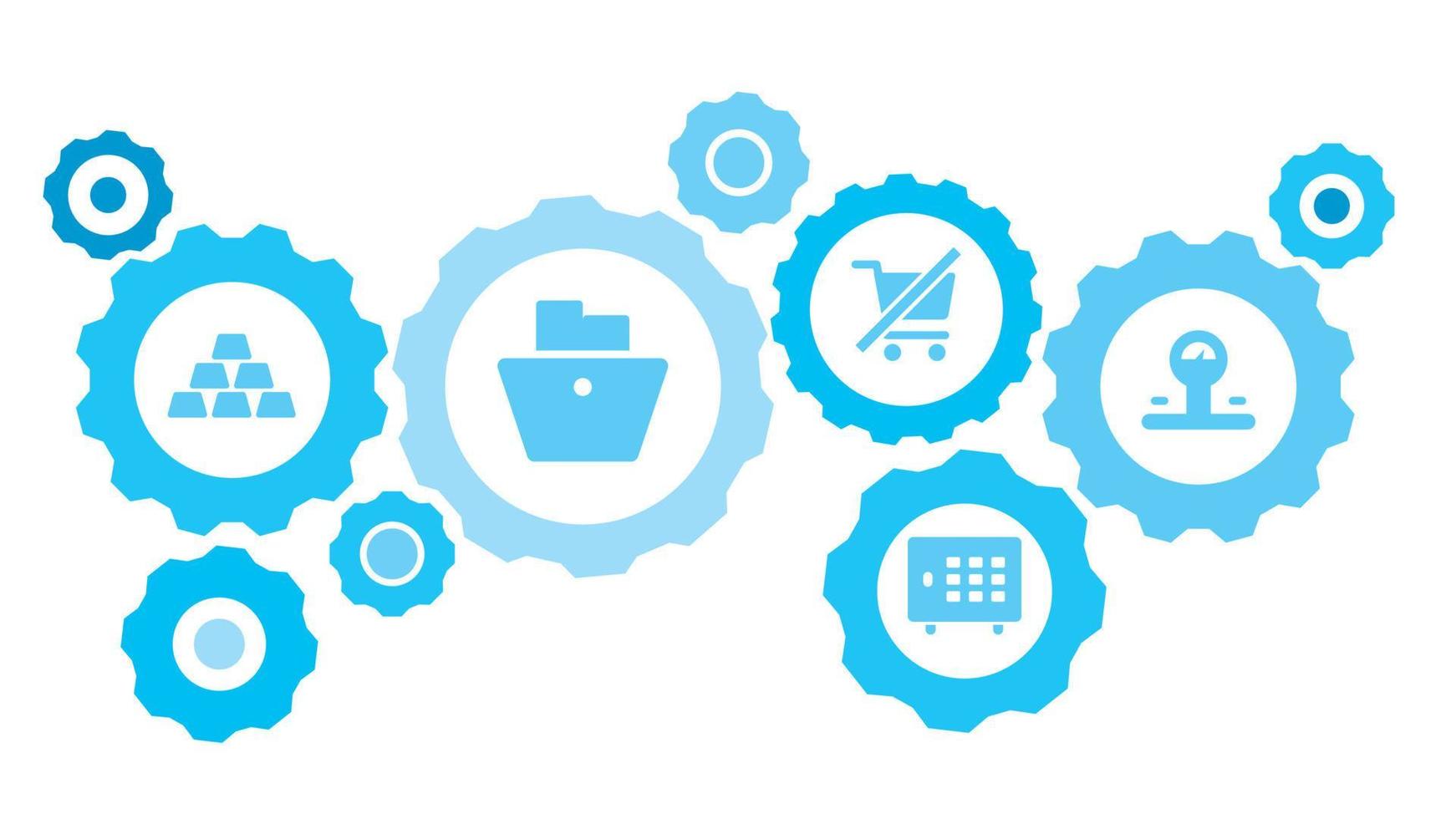 Connected gears and vector icons for logistic, service, shipping, distribution, transport, market, communicate concepts. Cart, shopping gear blue icon set on white background