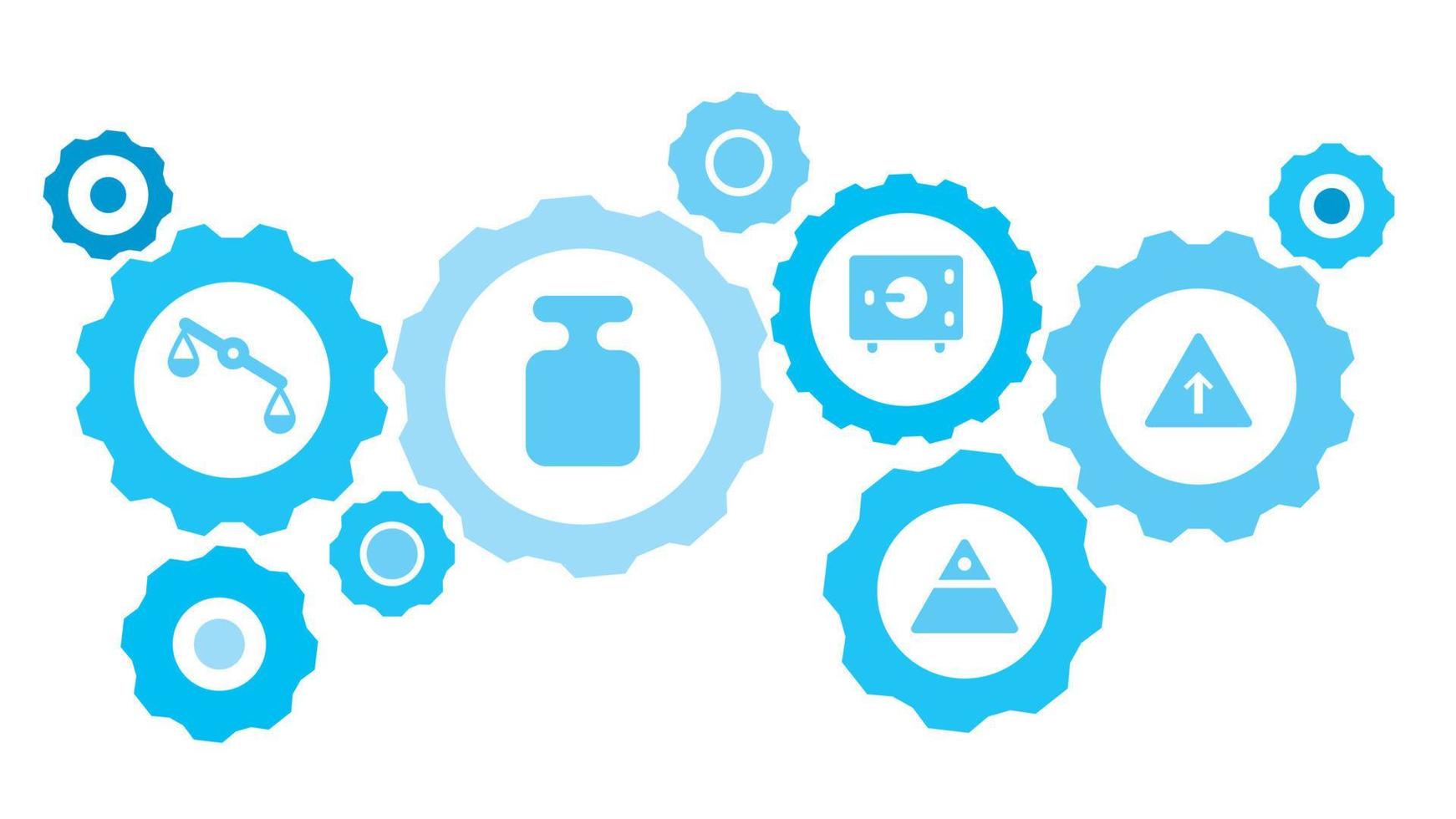 Connected gears and vector icons for logistic, service, shipping, distribution, transport, market, communicate concepts. Basket, checkout, shopping gear blue icon set on white background