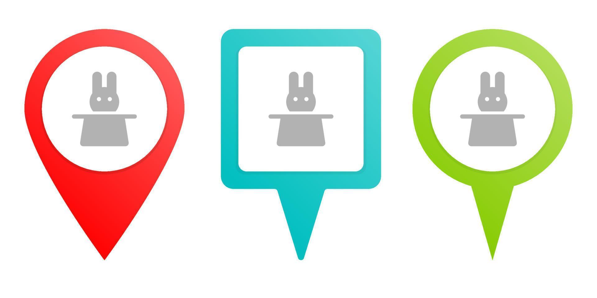 hat, rabbit. Multicolor pin vector icon, diferent type map and navigation point. on white background