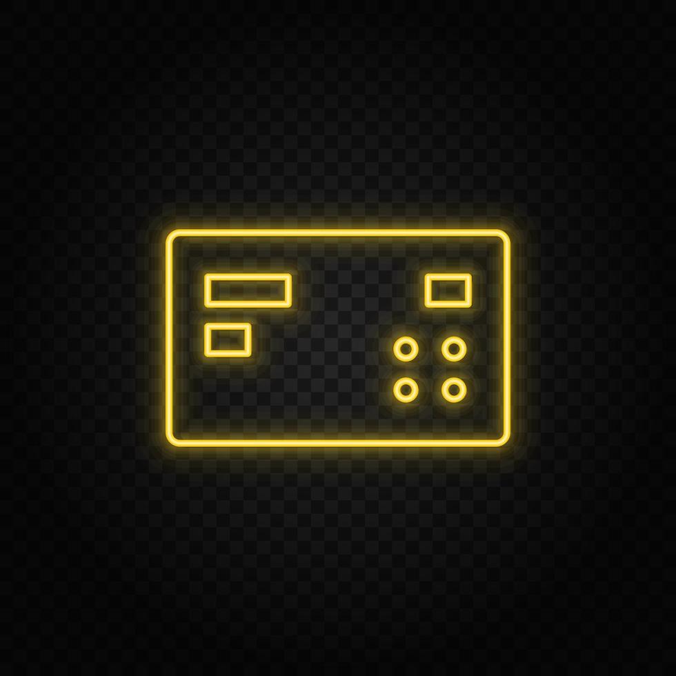 Yellow neon icon card, credit.Transparent background. Yellow neon vector icon on dark background