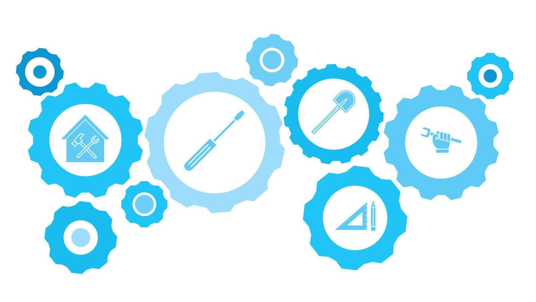 Connected gears and vector icons for logistic, service, shipping, distribution, transport, market, communicate concepts. building, construction, industry, wrench gear blue icon set on white background