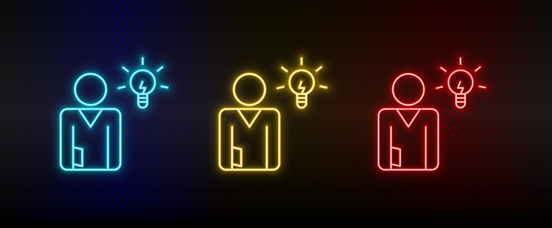 Neon icon set brainstorming, businesswoman. Set of red, blue, yellow neon vector icon on transparency dark background