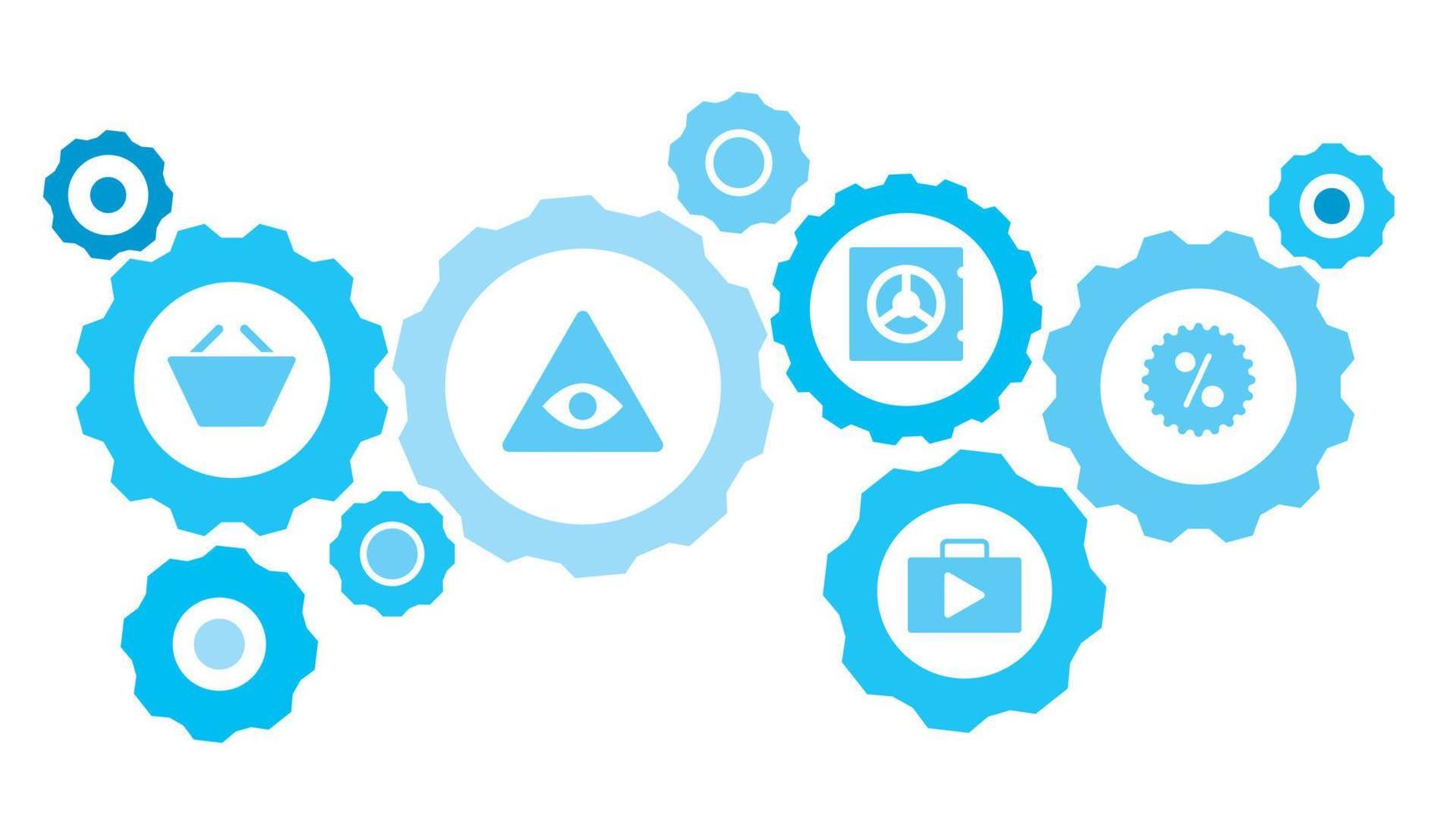 Connected gears and vector icons for logistic, service, shipping, distribution, transport, market, communicate concepts. Finance pyramid gear blue icon set on white background