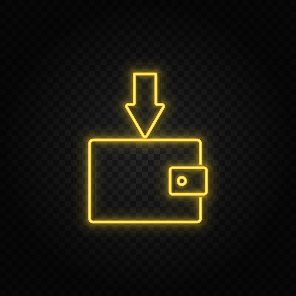 Yellow neon icon incoming, money, salary.Transparent background. Yellow neon vector icon on dark background