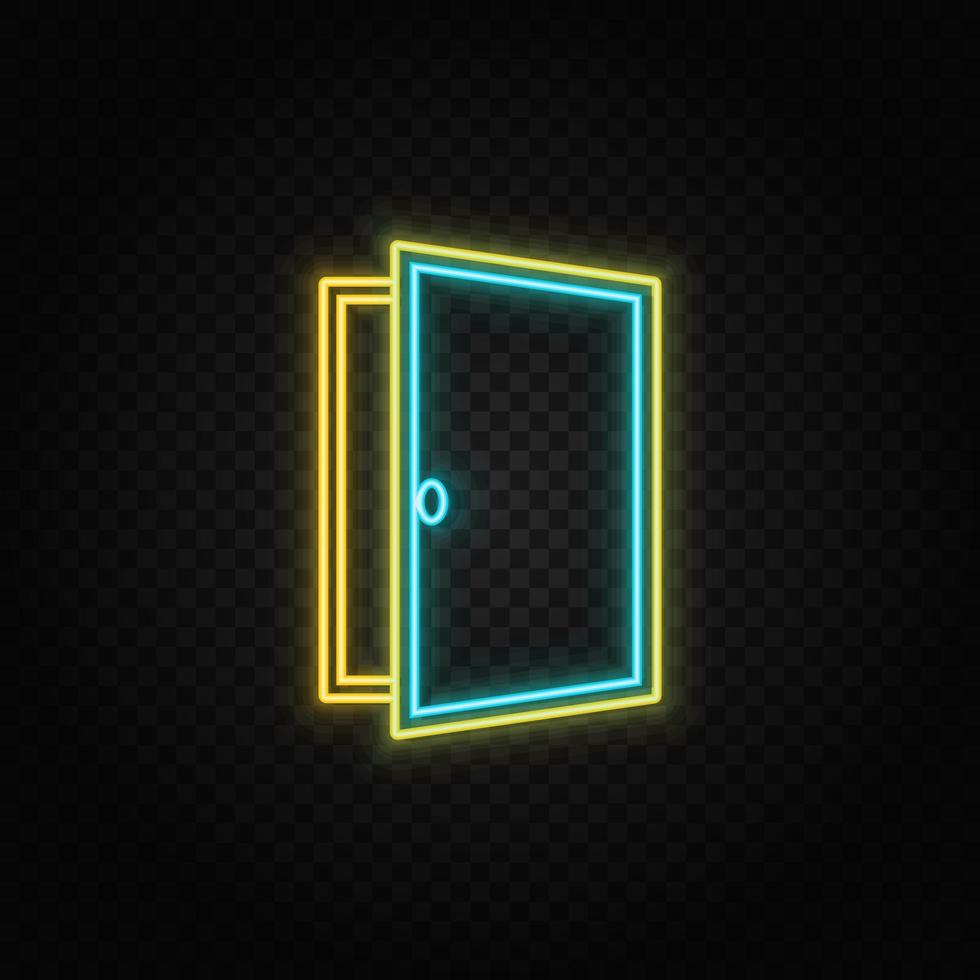 puerta, abierto, icono neón icono. azul y amarillo neón vector icono. transparente antecedentes