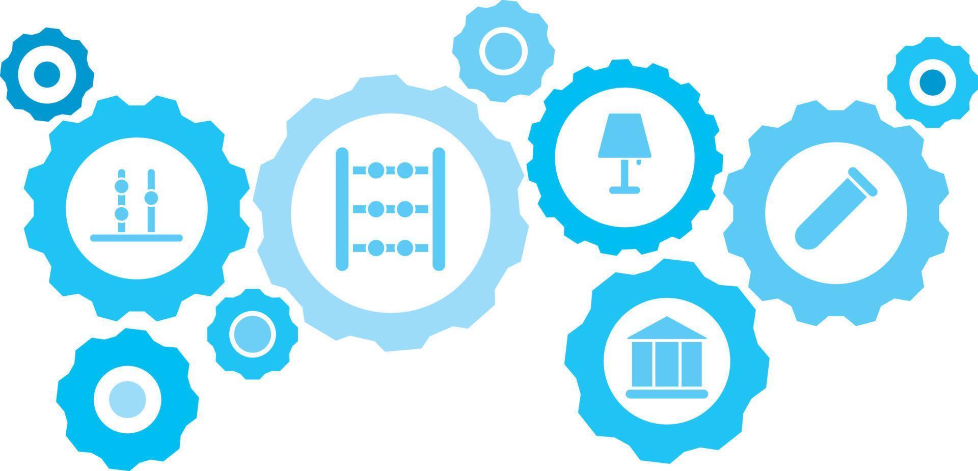 Connected gears and icons for logistic, service, shipping, distribution, transport, market, communicate concepts,lab glassware gear blue icon set. Delivery mechanism concept. on white background vector