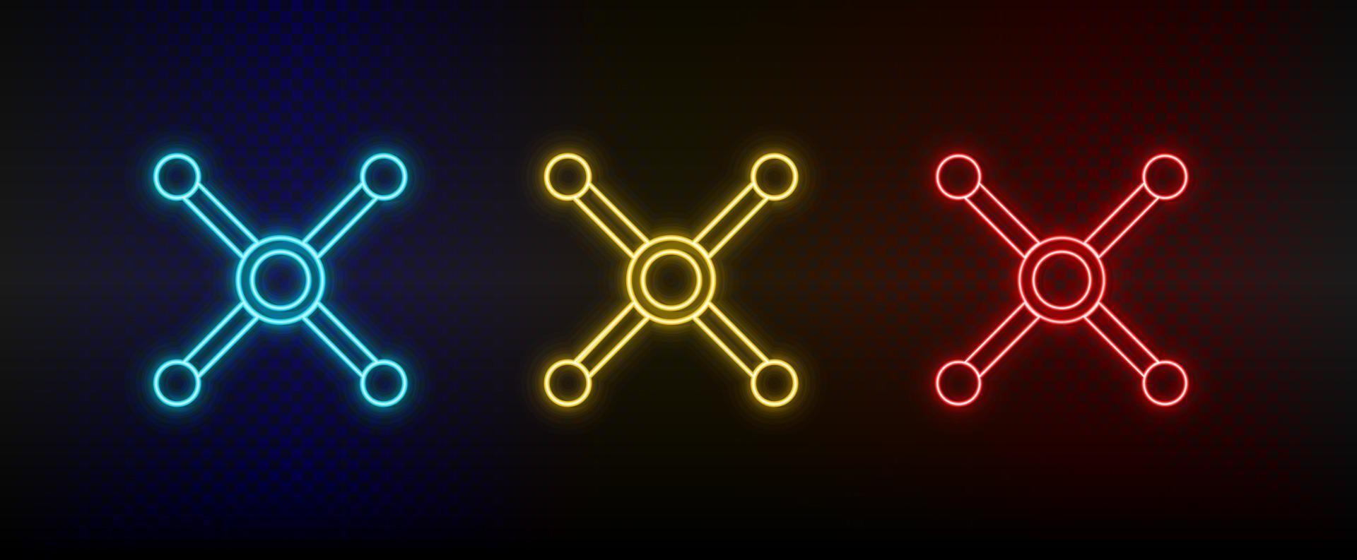 Neon icons, atom, atom bond. Set of red, blue, yellow neon vector icon on darken transparent background