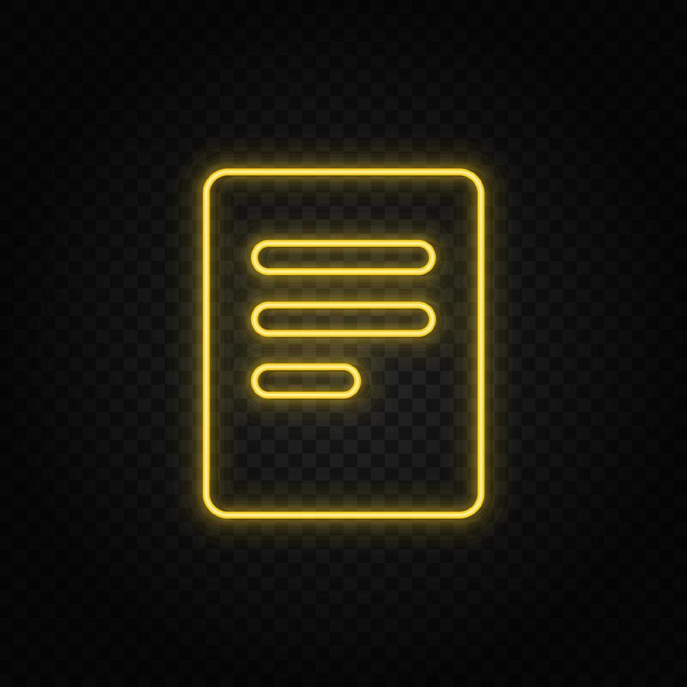 Yellow neon icon document. Transparent background. Yellow neon vector icon on dark background