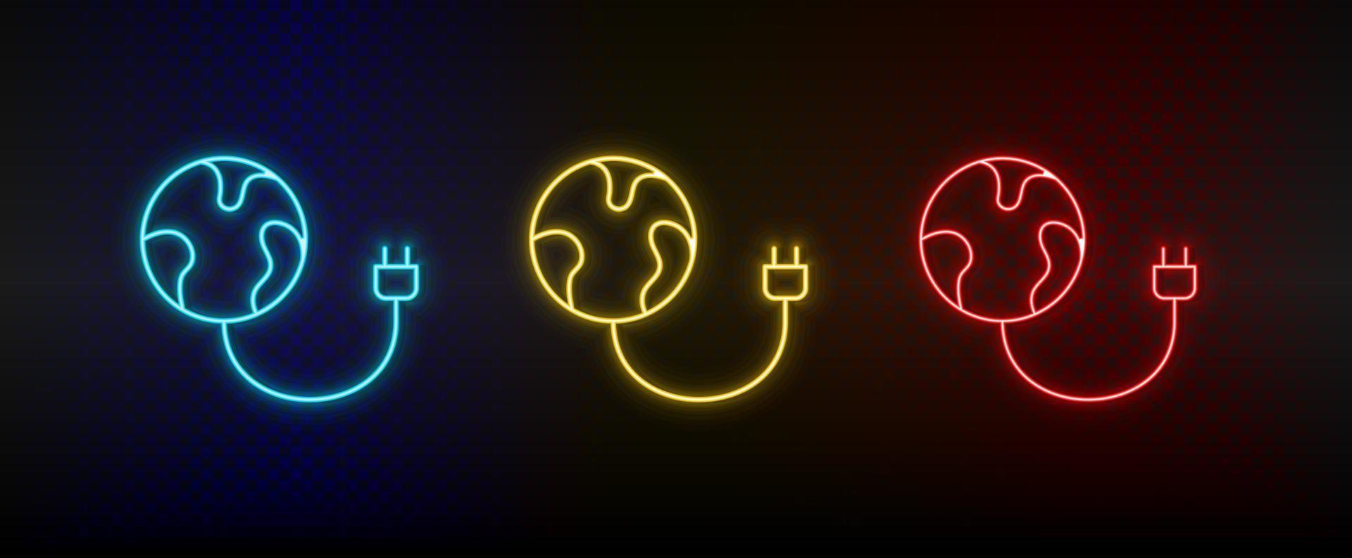 Neon icon set charger, earth, eco. Set of red, blue, yellow neon vector icon on transparency dark background