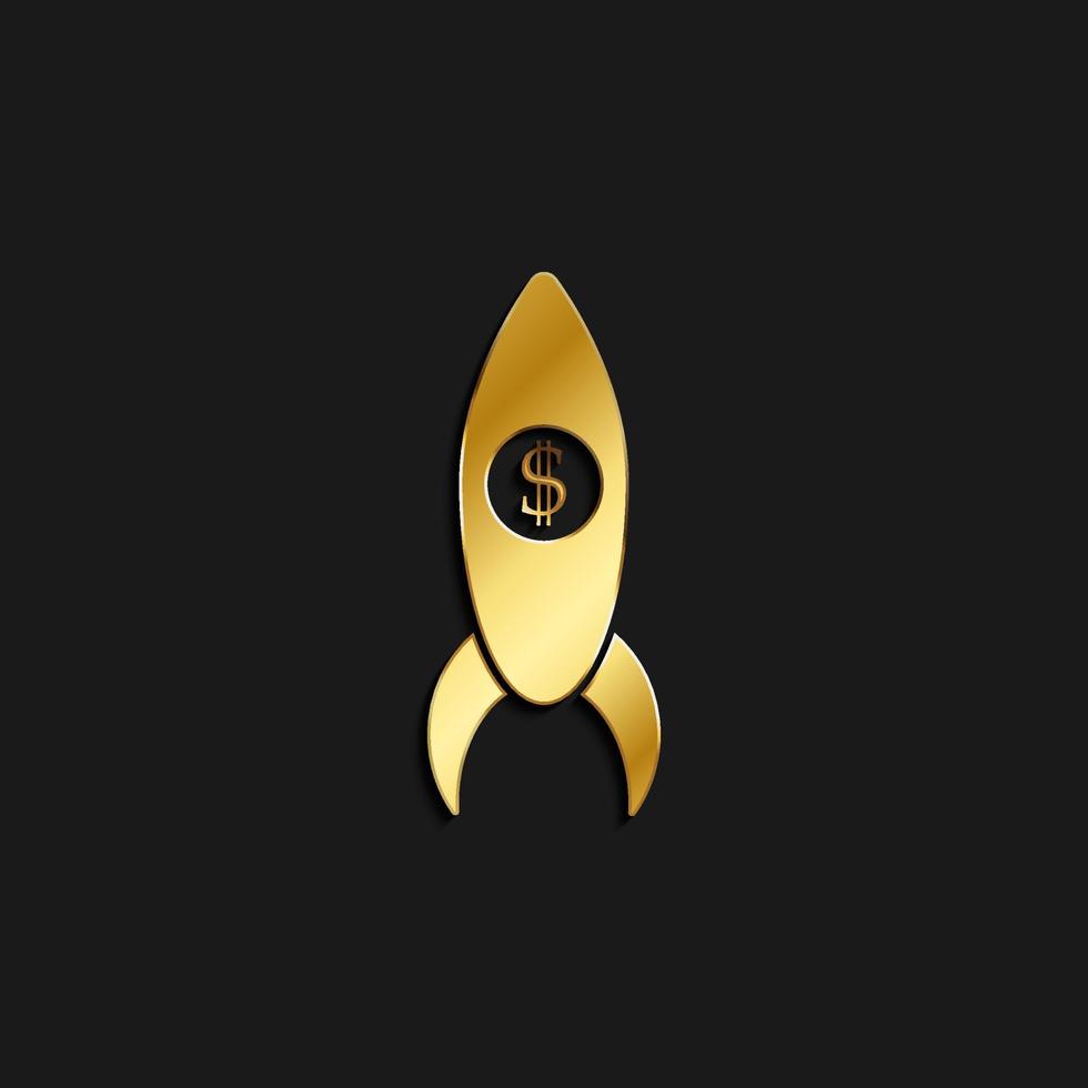Business project, rocket launch gold icon. Vector illustration of golden dark background. Gold vector icon