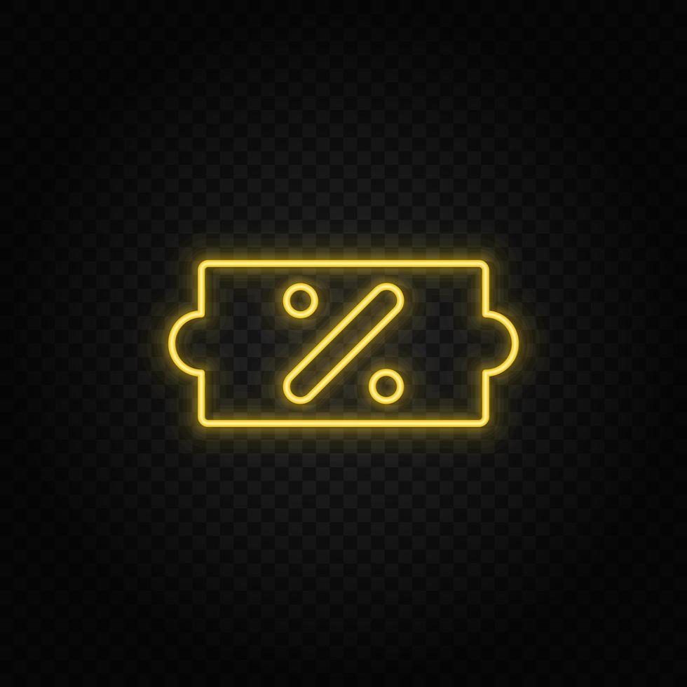 Yellow neon icon label, price, sale.Transparent background. Yellow neon vector icon on dark background