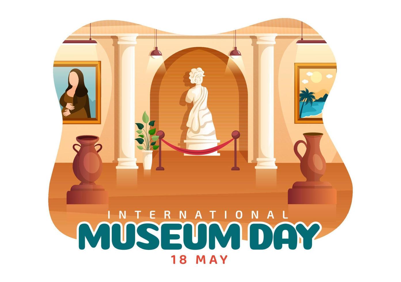 internacional museo día en mayo 18 ilustración con edificio galería o obras de arte en plano dibujos animados mano dibujado para web bandera o aterrizaje página plantillas vector