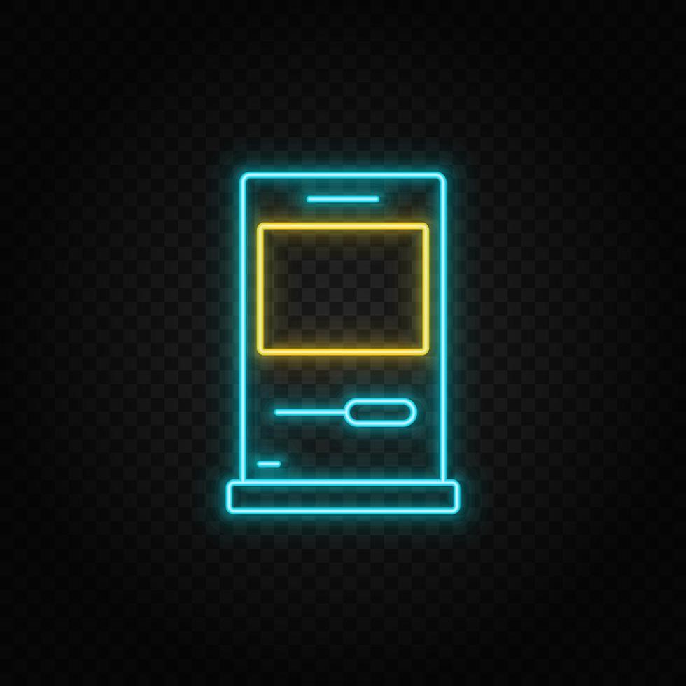 Computer, diskette. Blue and yellow neon vector icon. Transparent background on dark background