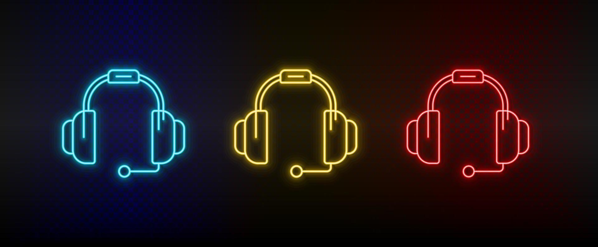 Neon icon set Earphone headphone. Set of red, blue, yellow neon vector icon on transparency dark background