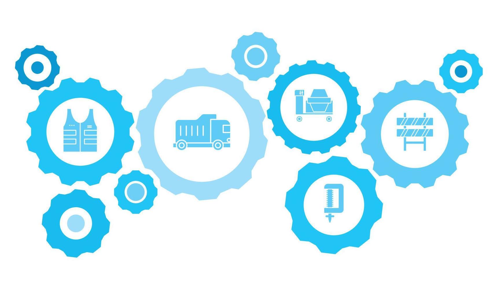 Connected gears and vector icons for logistic, service, shipping, distribution, transport, market, communicate concepts. building, road block gear blue icon set on white background