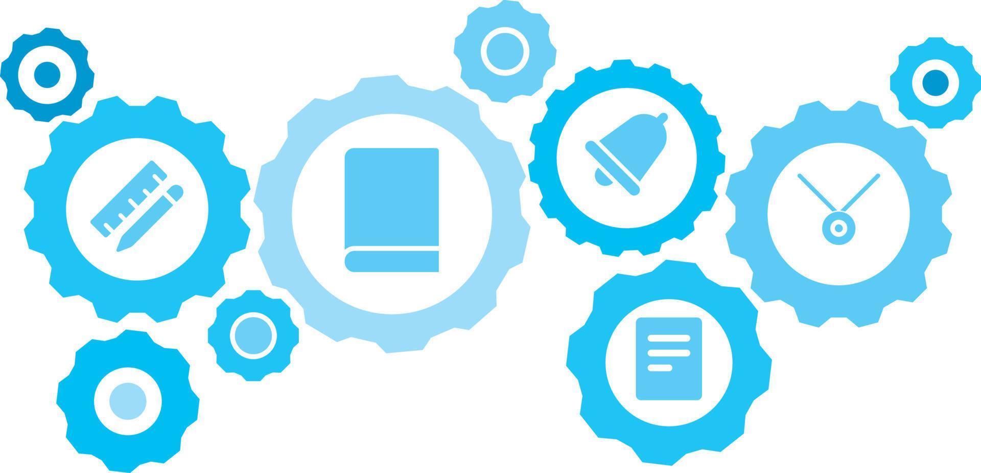 Connected gears and icons for logistic, service, shipping, distribution, transport, market, communicate concepts,medal, prize gear blue icon set. Delivery mechanism concept. on white background vector