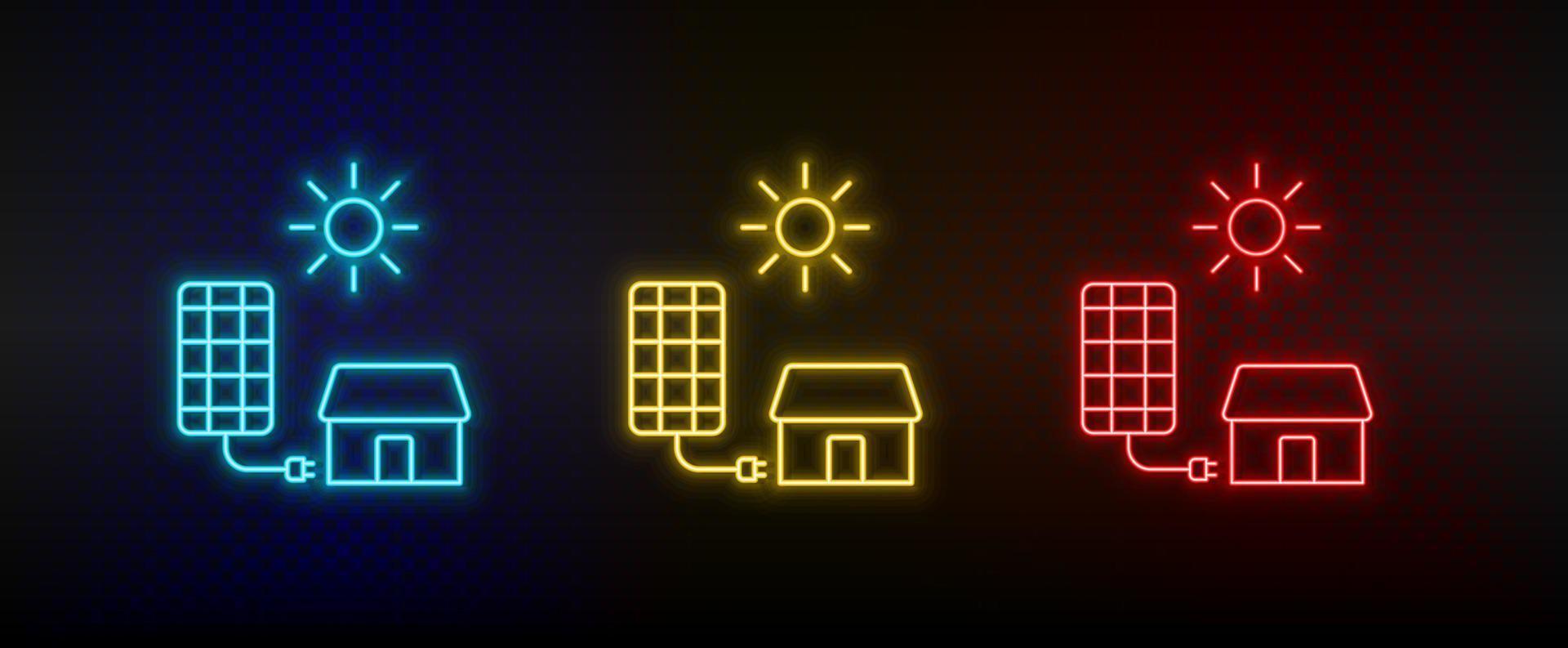 Neon icon set solar, charger, home. Set of red, blue, yellow neon vector icon on transparency dark background