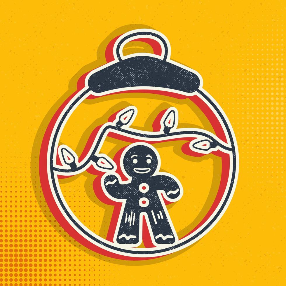 Gingerbread Man, ball, Christmas pop art, retro. Vector illustration of pop art style on retro background