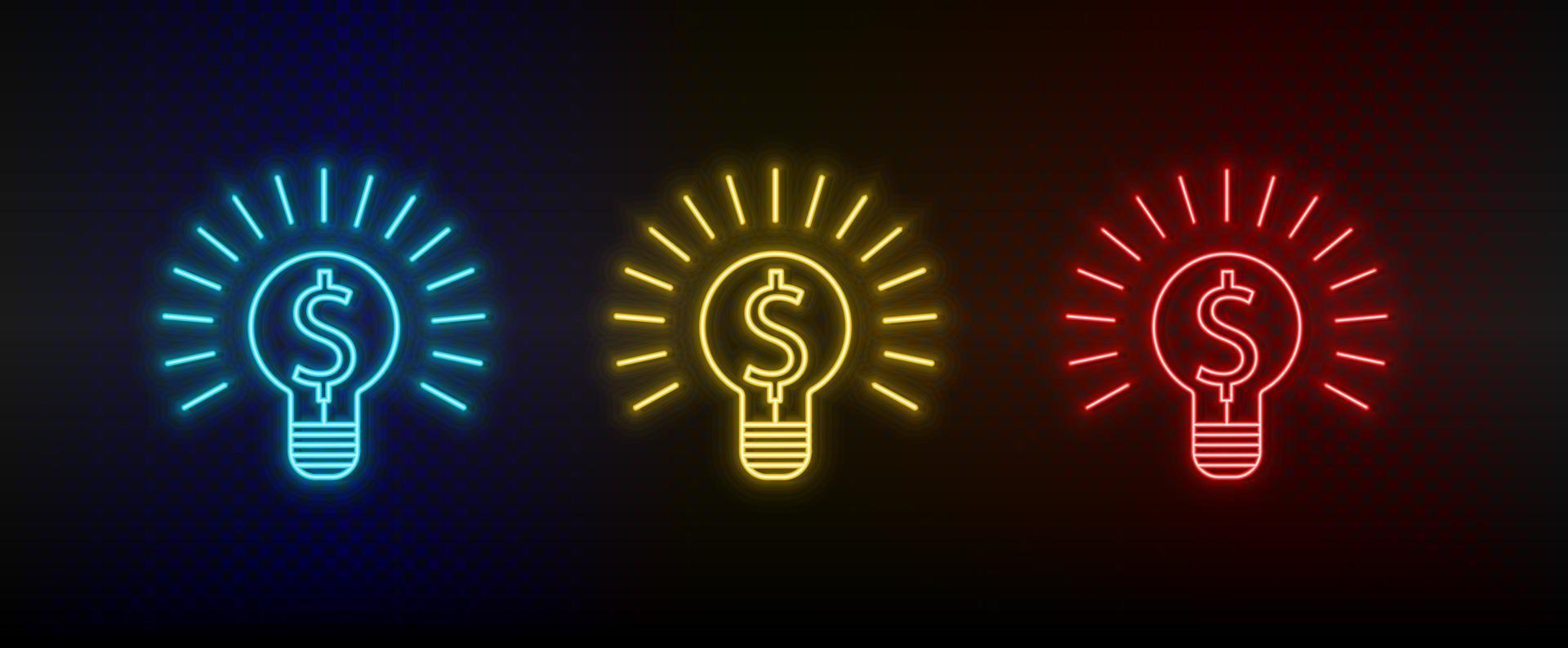 Neon icon set brainstorming, finance. Set of red, blue, yellow neon vector icon on transparency dark background