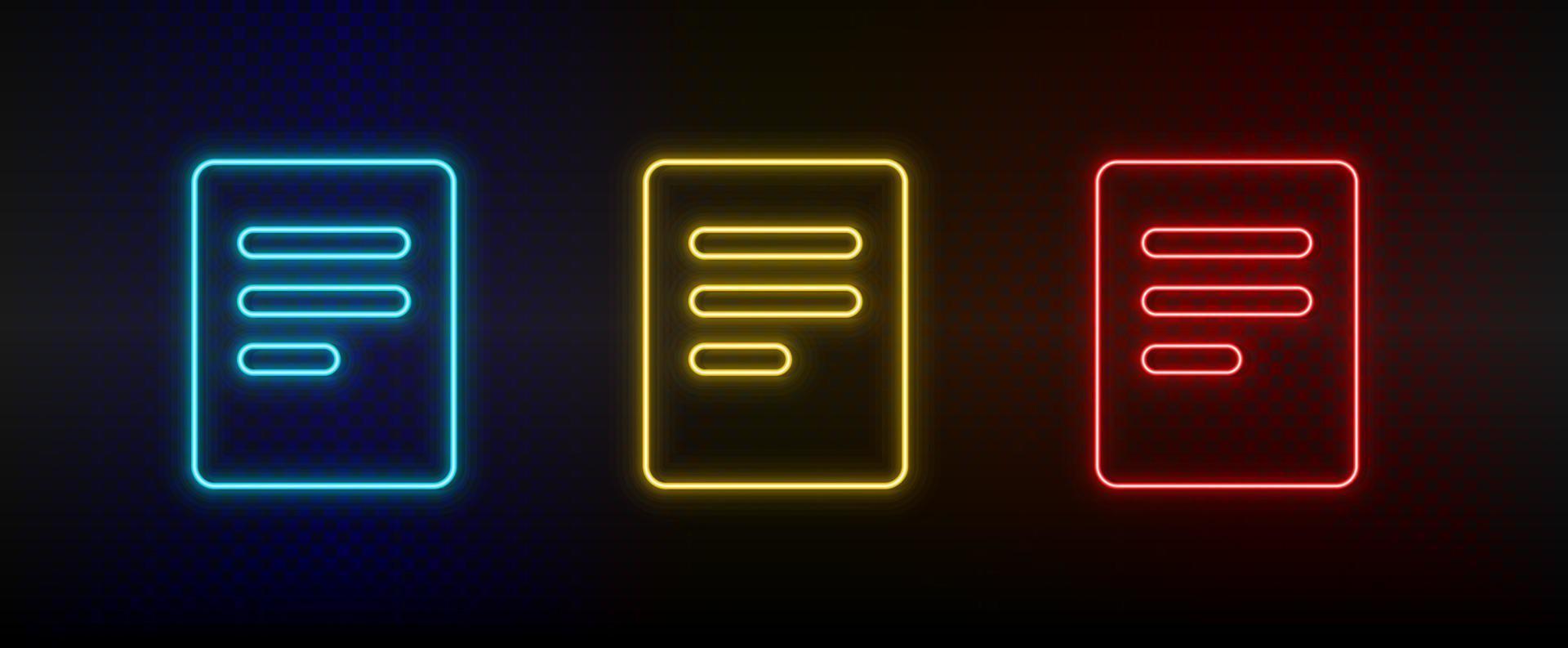 Neon icons, document. Set of red, blue, yellow neon vector icon on darken transparent background
