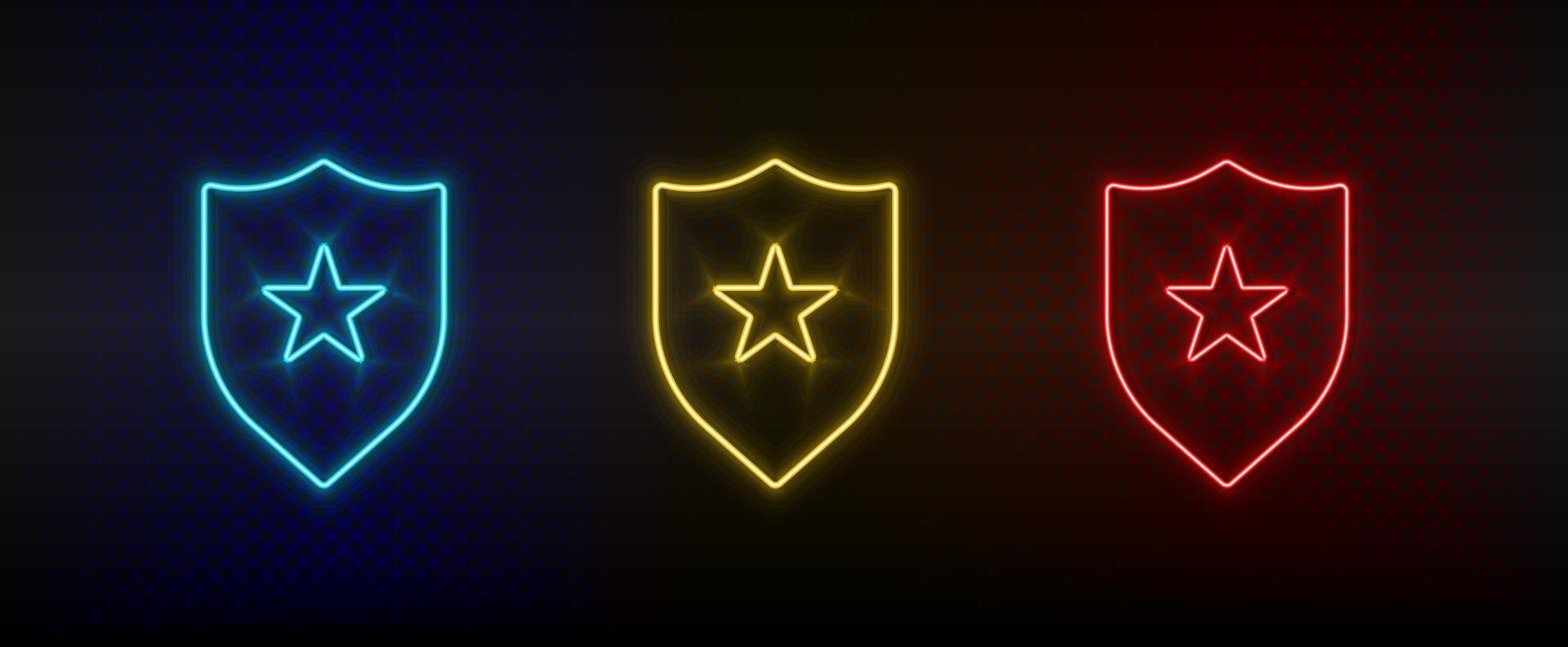 Neon icons, badge, insignia. Set of red, blue, yellow neon vector icon on darken transparent background