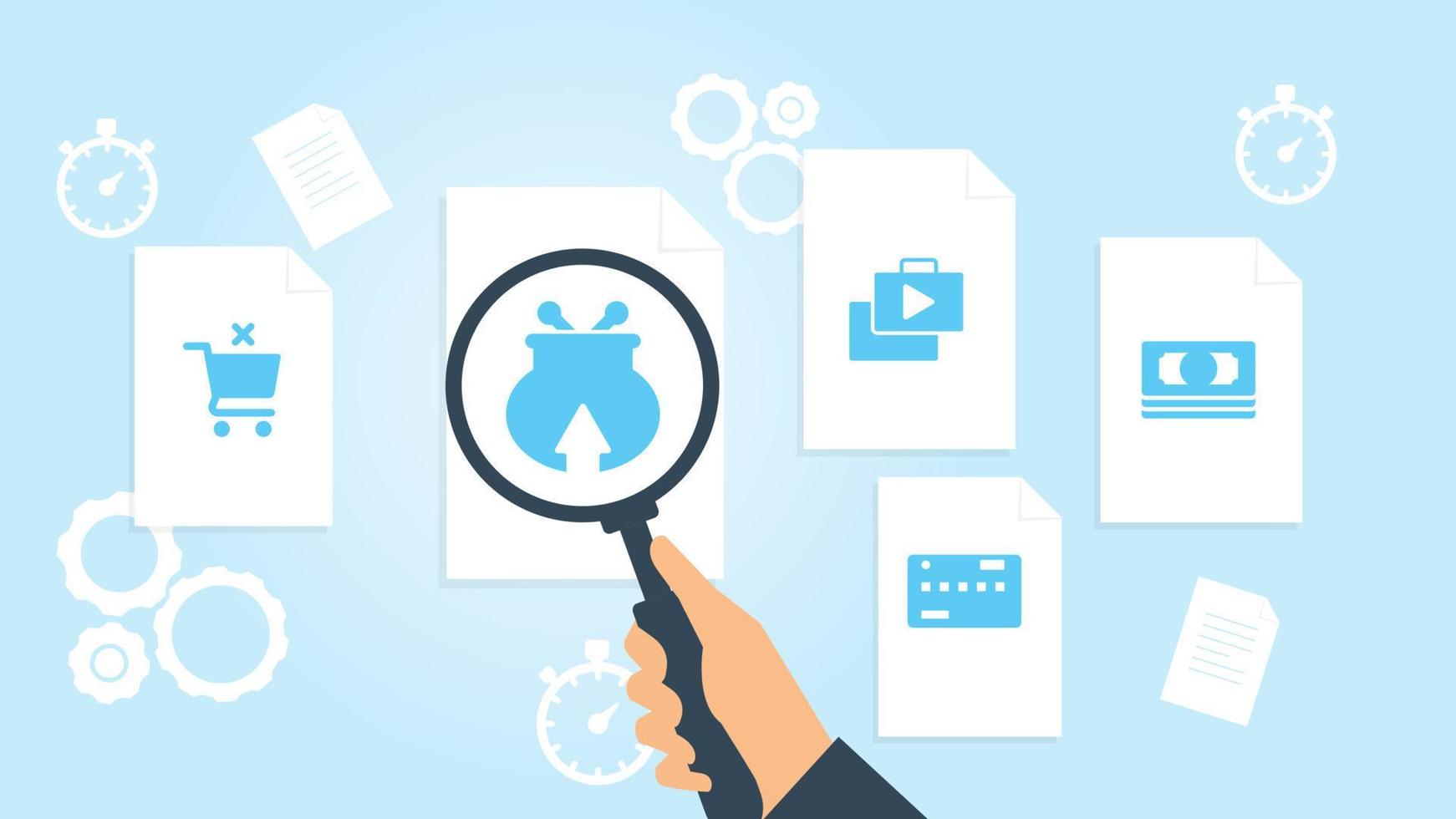 Document with search icons. File and magnifying glass. Analytics research sign. Vector Illustrationcash money pack file, document research vector illustration on white background