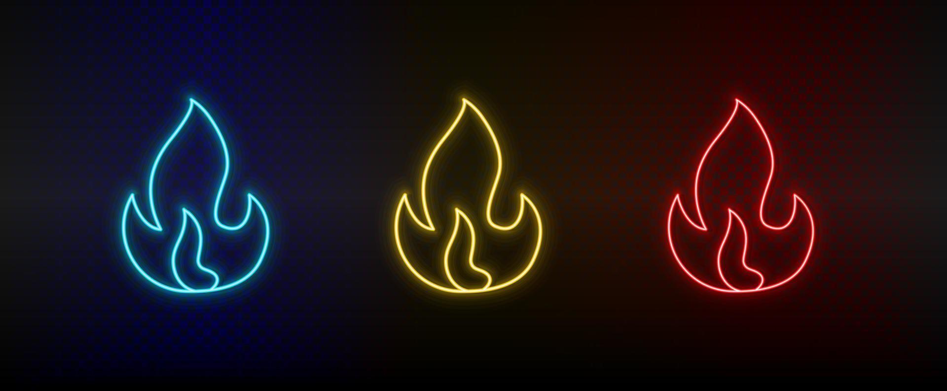 Neon icon set burning, fire. Set of red, blue, yellow neon vector icon on transparency dark background
