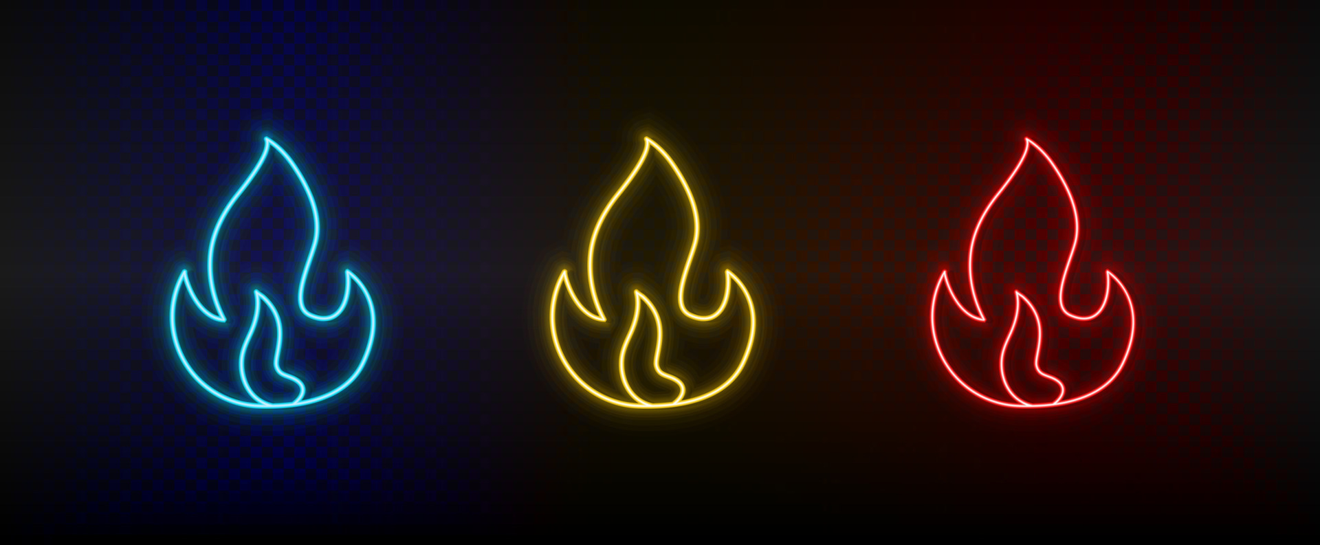 Neon icon set burning, fire. Set of red, blue, yellow neon vector icon