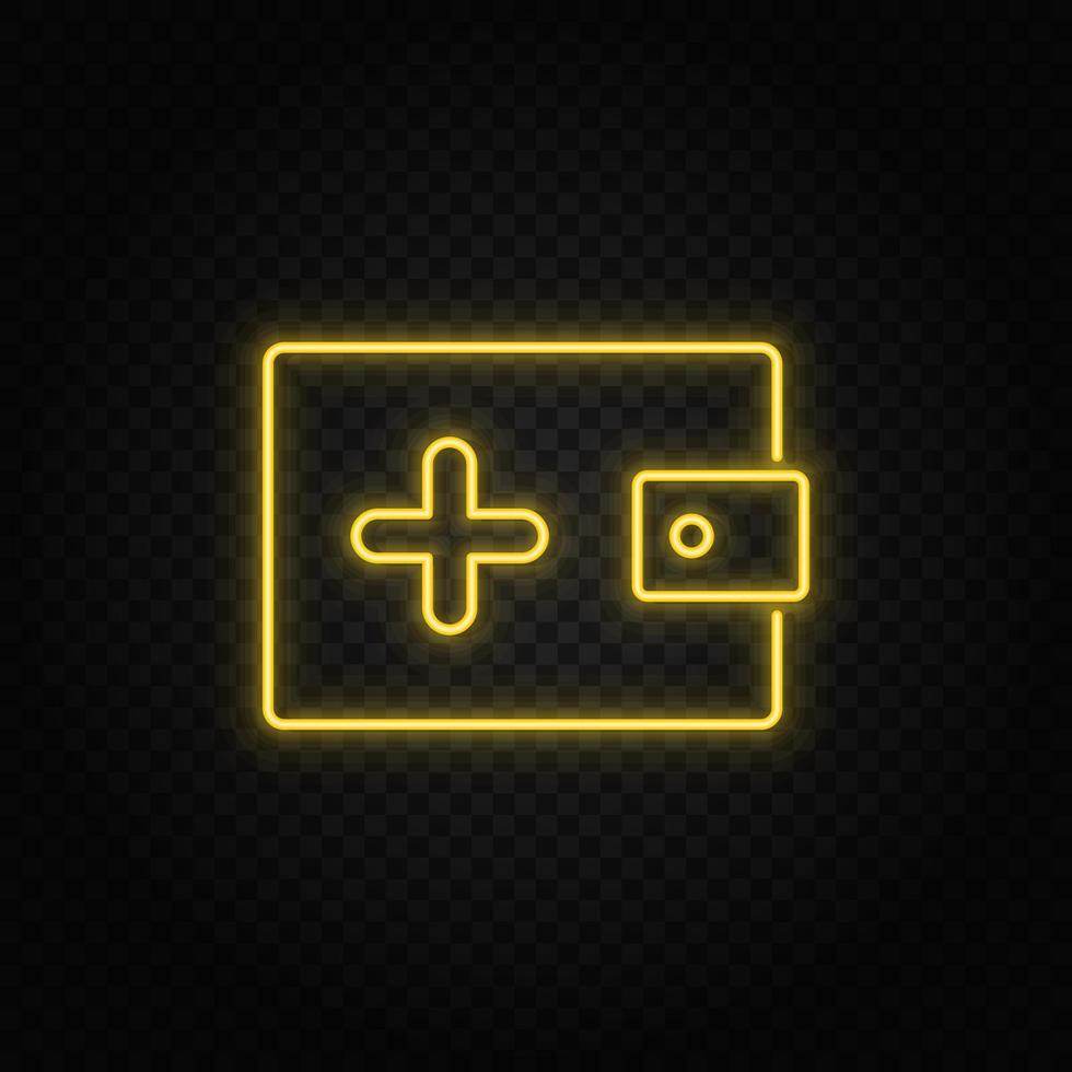 Yellow neon icon add, money, wallet.Transparent background. Yellow neon vector icon on dark background