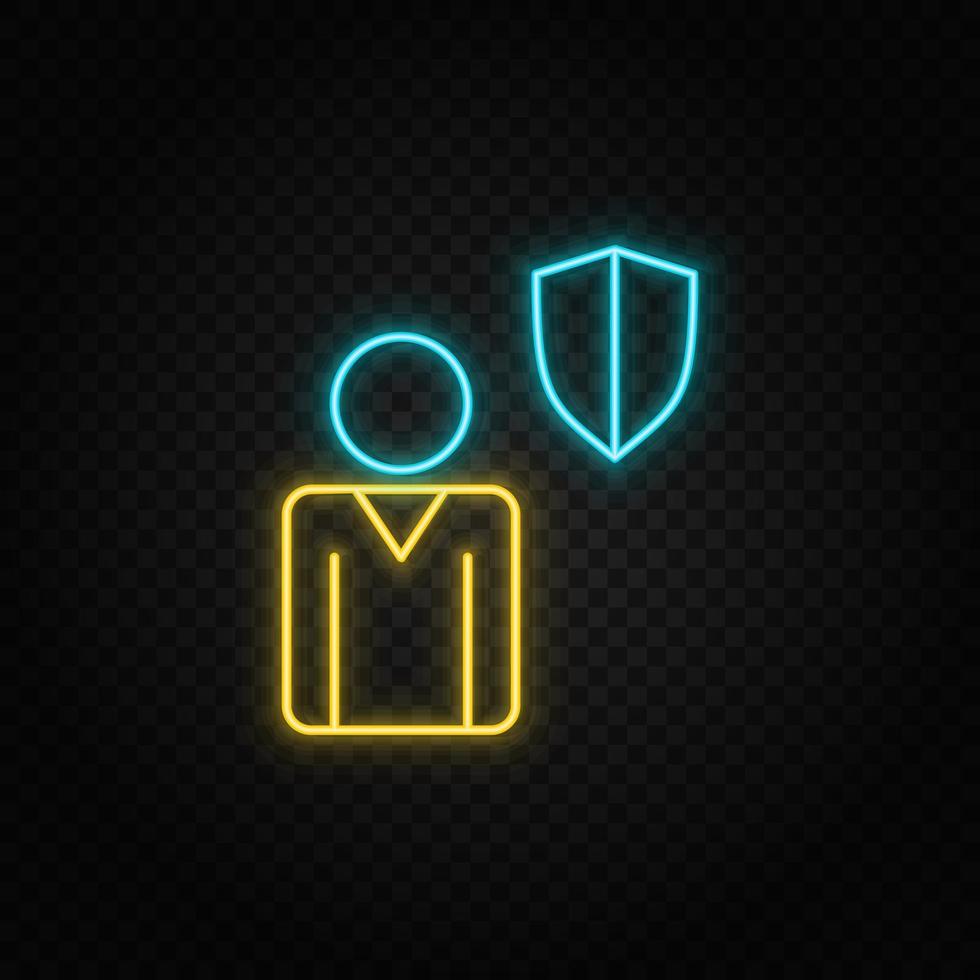 business, protection neon icon. Blue and yellow neon vector icon. Transparent background