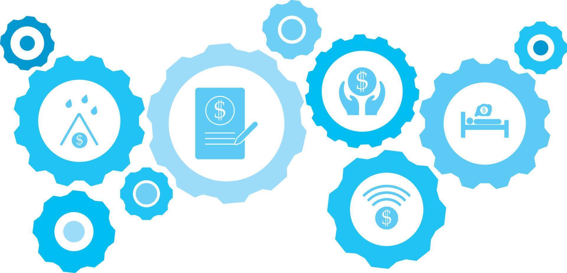 Connected gears and vector icons for logistic, service, shipping, distribution, transport, market, communicate concepts. gear blue icon setbusiness man, finance .