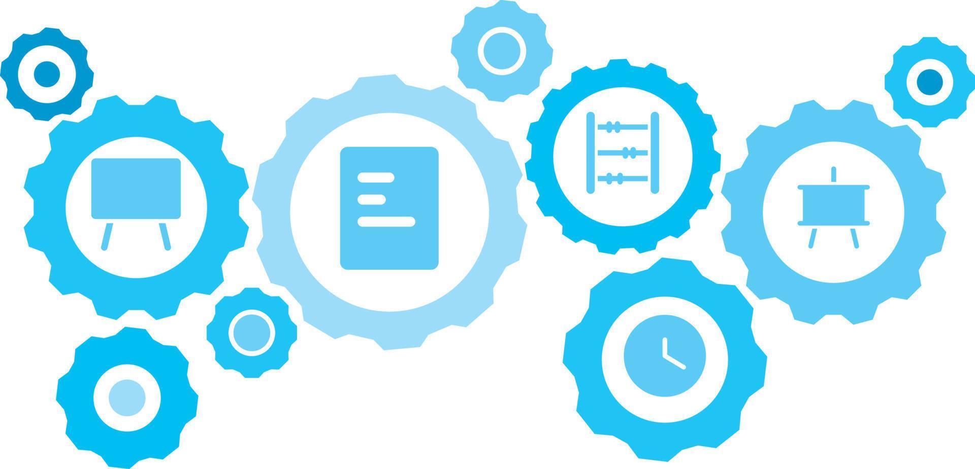 Connected gears and icons for logistic, service, shipping, distribution, transport, market, communicate concepts,blackboard gear blue icon set. Delivery mechanism concept. on white background vector
