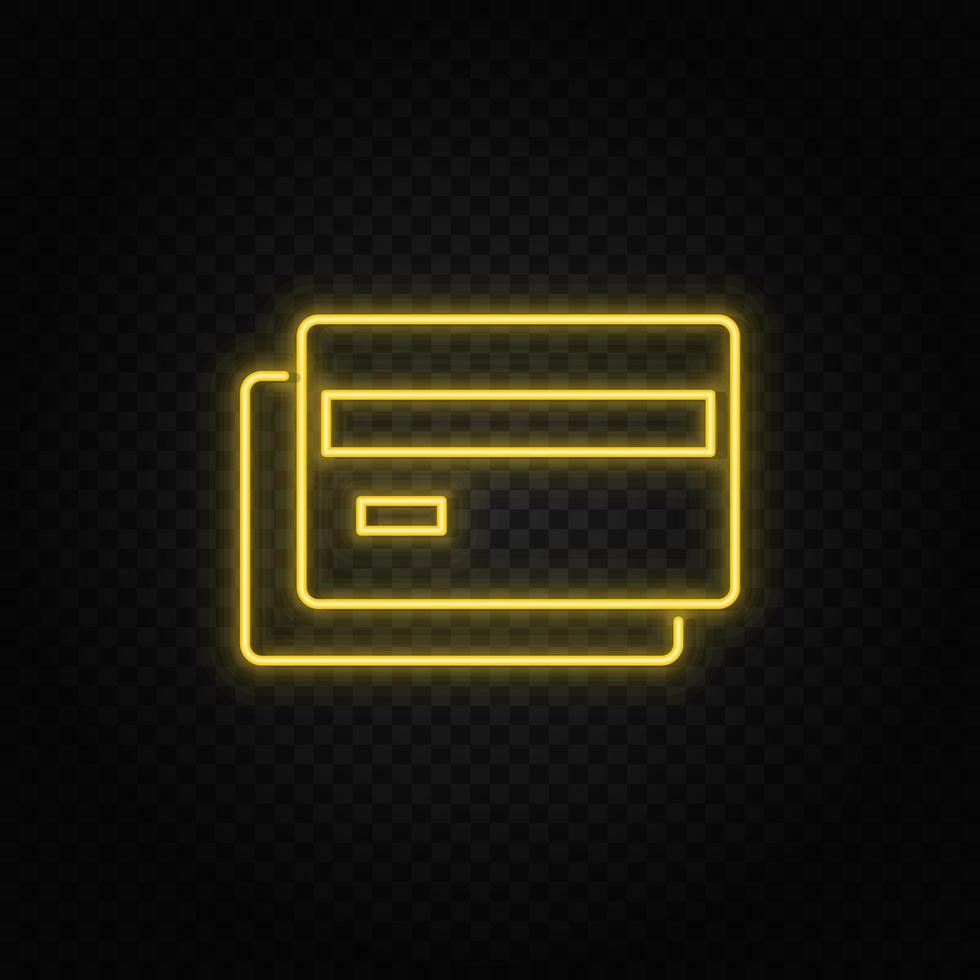 Yellow neon icon card, credit, money.Transparent background. Yellow neon vector icon on dark background