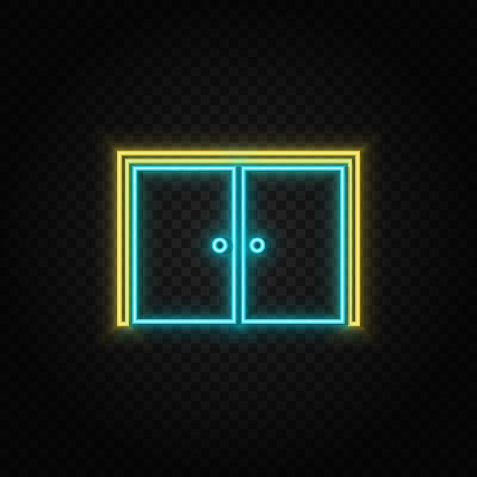 Door, icon neon icon. Blue and yellow neon vector icon. Transparent background