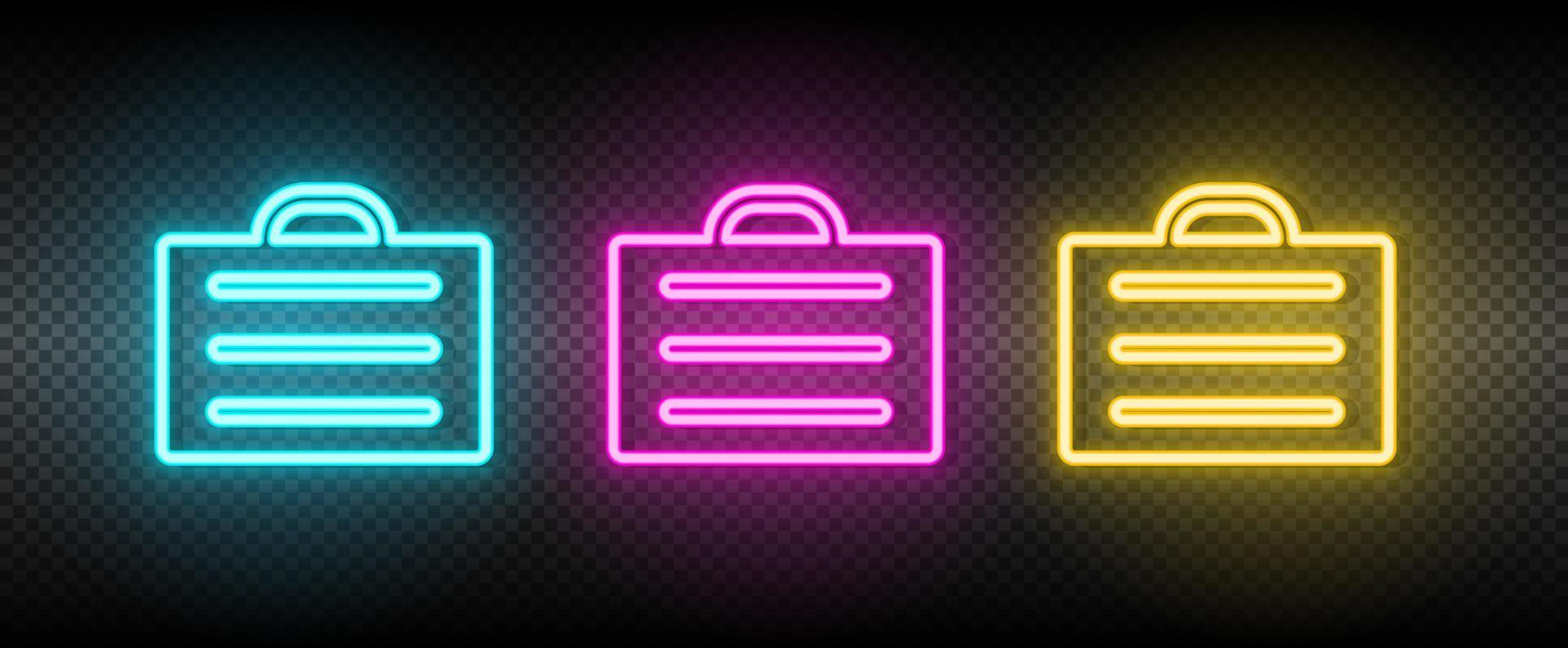 briefcase, business, product neon vector icon. Illustration neon blue, yellow, red icon set