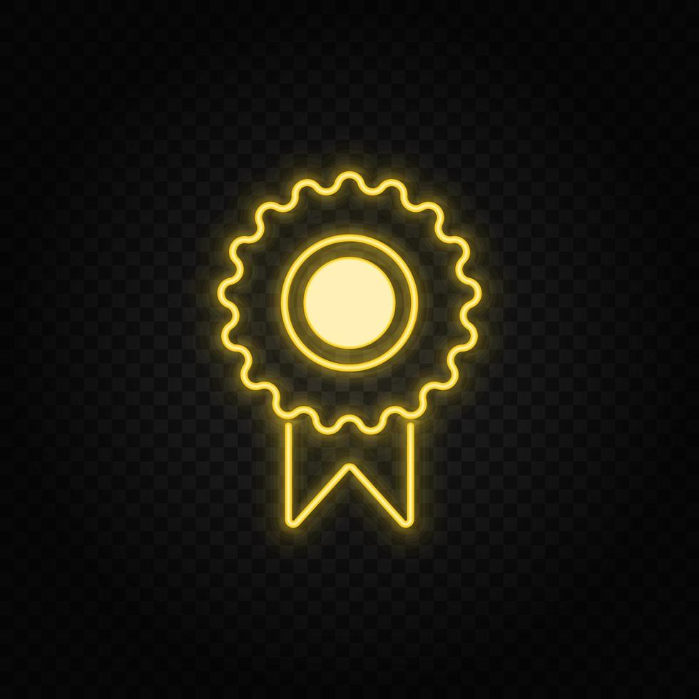 Yellow neon icon certificate, guarantee, license.Transparent background. Yellow neon vector icon on dark background