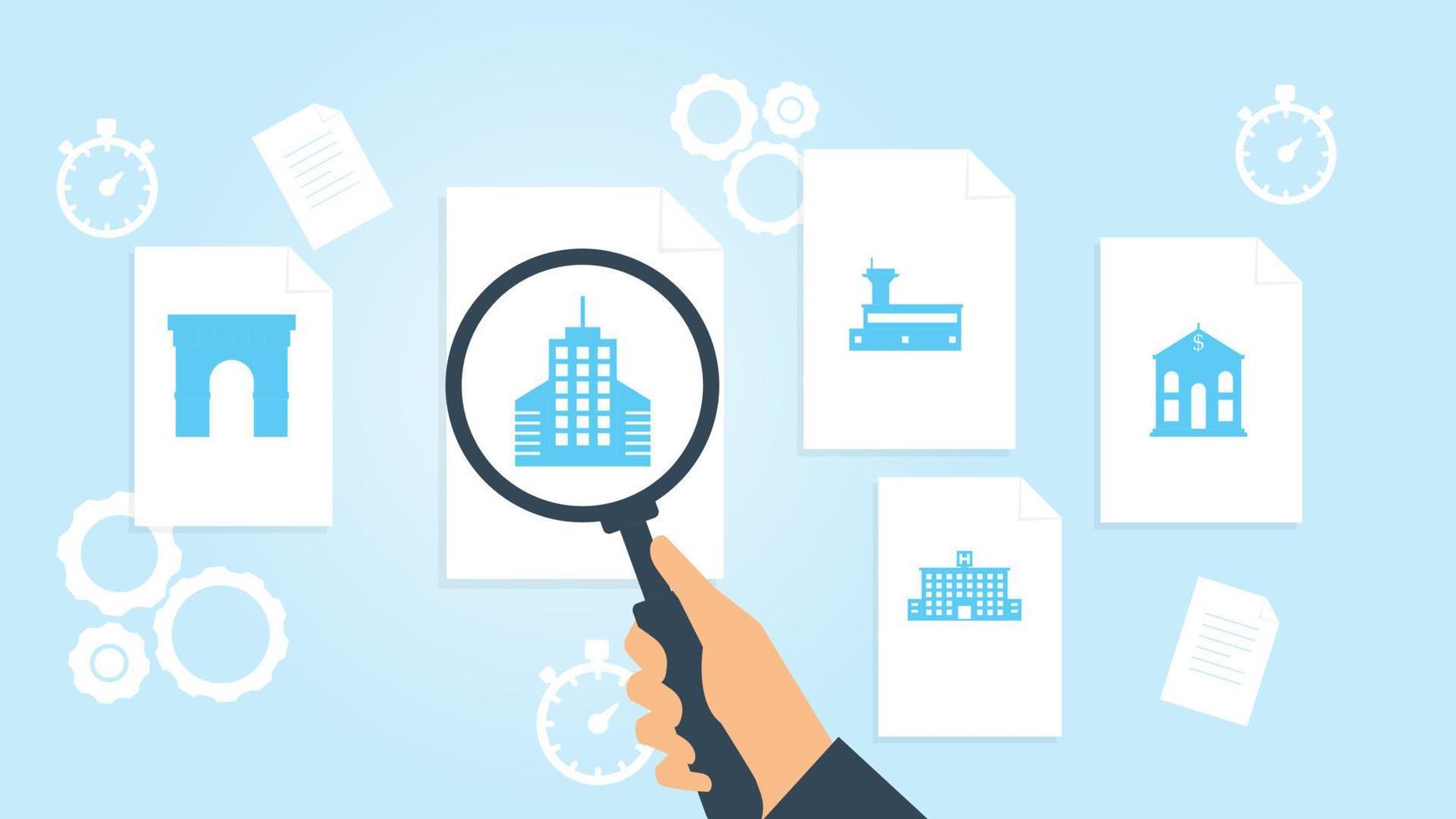 building bank file, document research vector illustration. Document with search icons. File and magnifying glass. Analytics research sign. Vector Illustration on white background