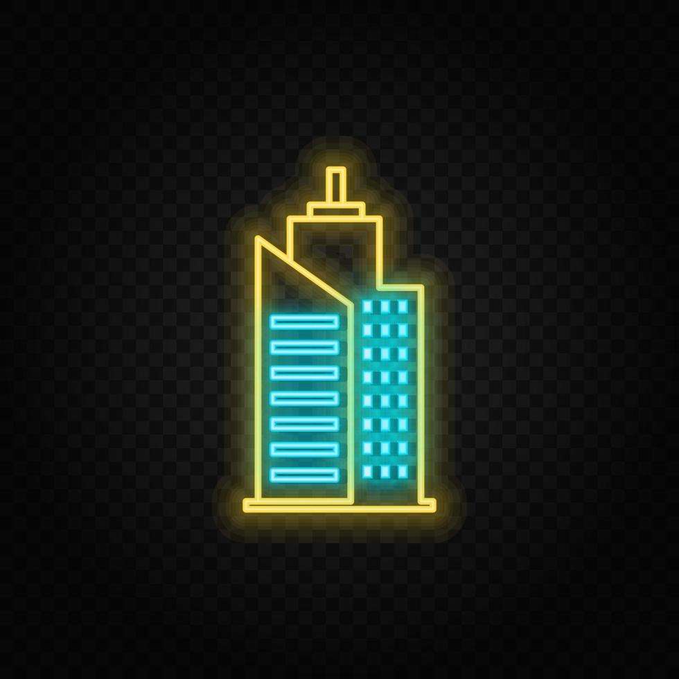 building neon vector icon. Blue and yellow neon vector icon. Vector transparent background