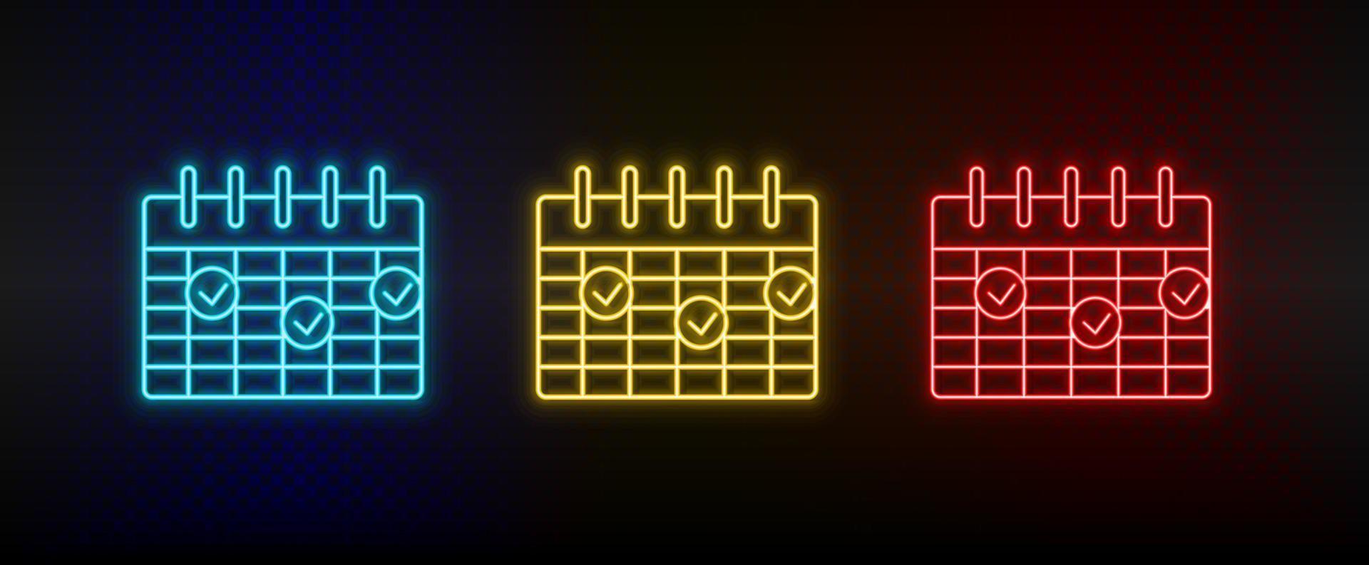 Neon icon set calendar, deadline. Set of red, blue, yellow neon vector icon on transparency dark background