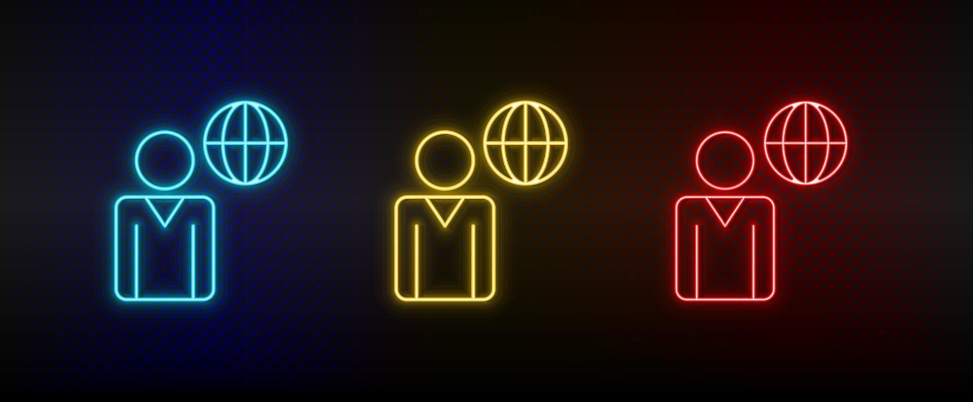 Neon icon set businessman, global business. Set of red, blue, yellow neon vector icon on transparency dark background