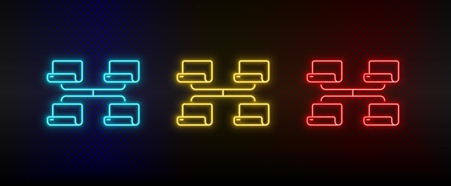 Neon icon set Network share. Set of red, blue, yellow neon vector icon on transparency dark background