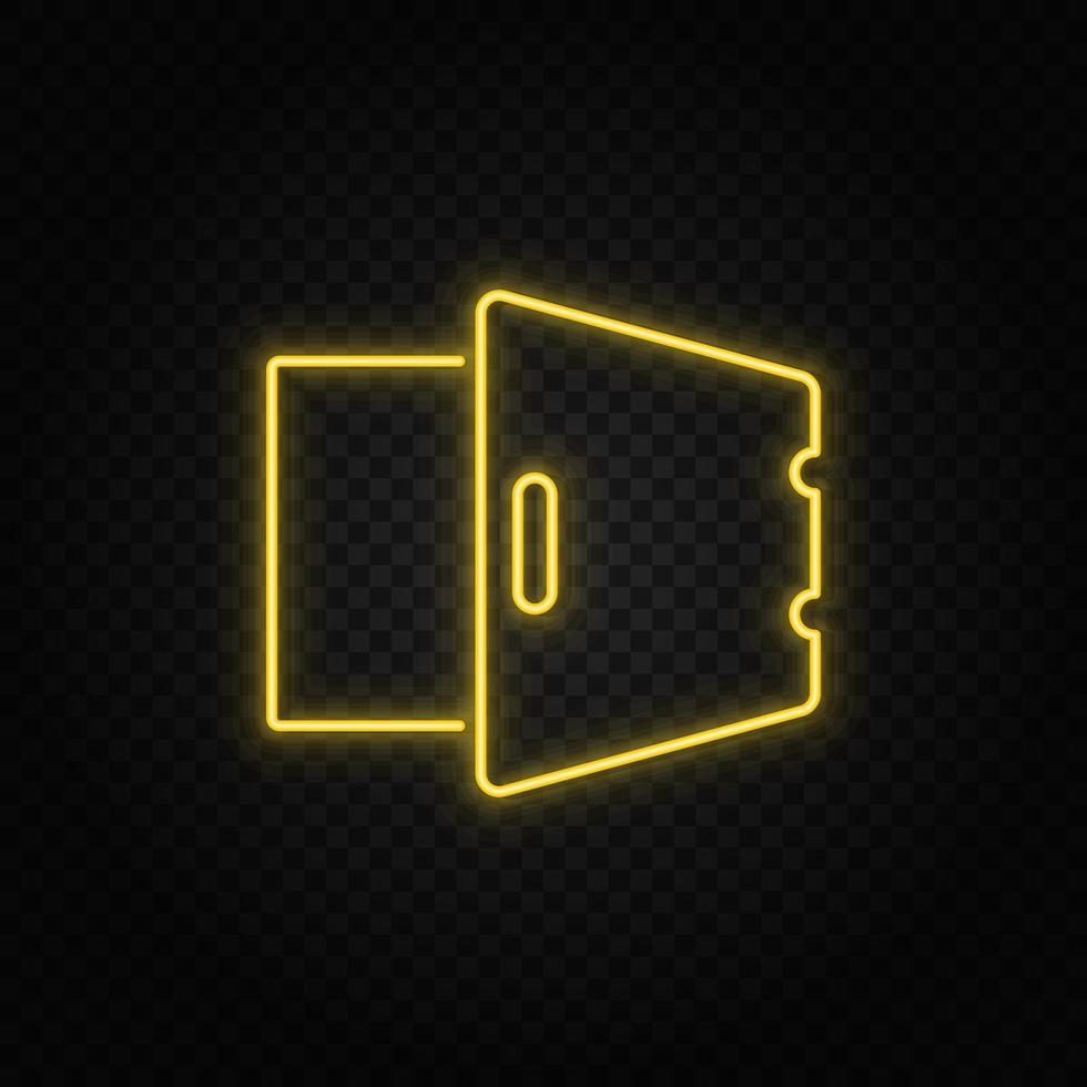 Yellow neon icon deposit, open, safe.Transparent background. Yellow neon vector icon on dark background