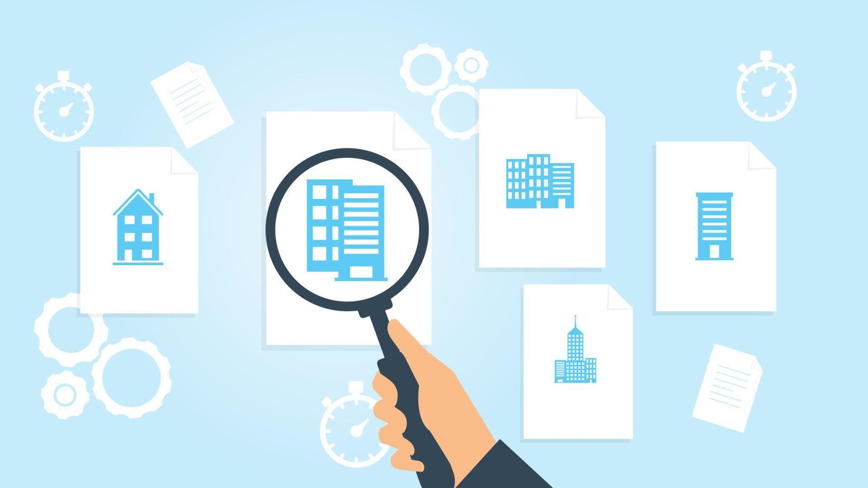 building file, document research vector illustration. Document with search icons. File and magnifying glass. Analytics research sign. Vector Illustration on white background