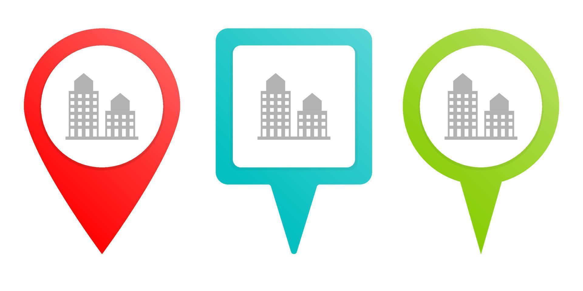 building. Multicolor pin vector icon, diferent type map and navigation point on white background