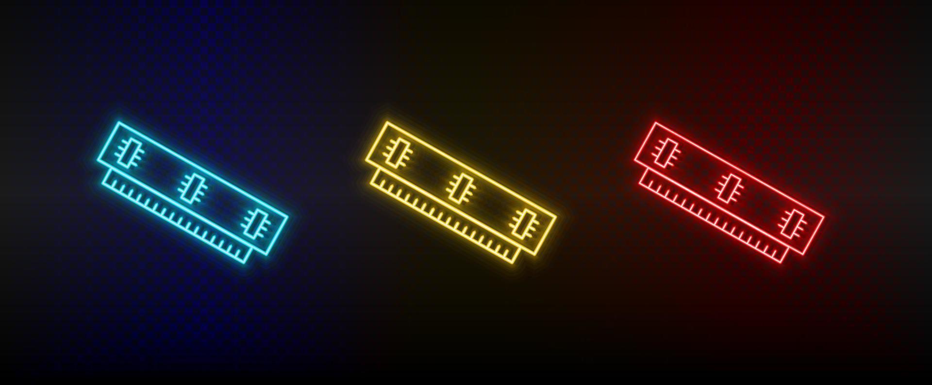 Neon icon set Ram. Set of red, blue, yellow neon vector icon on transparency dark background