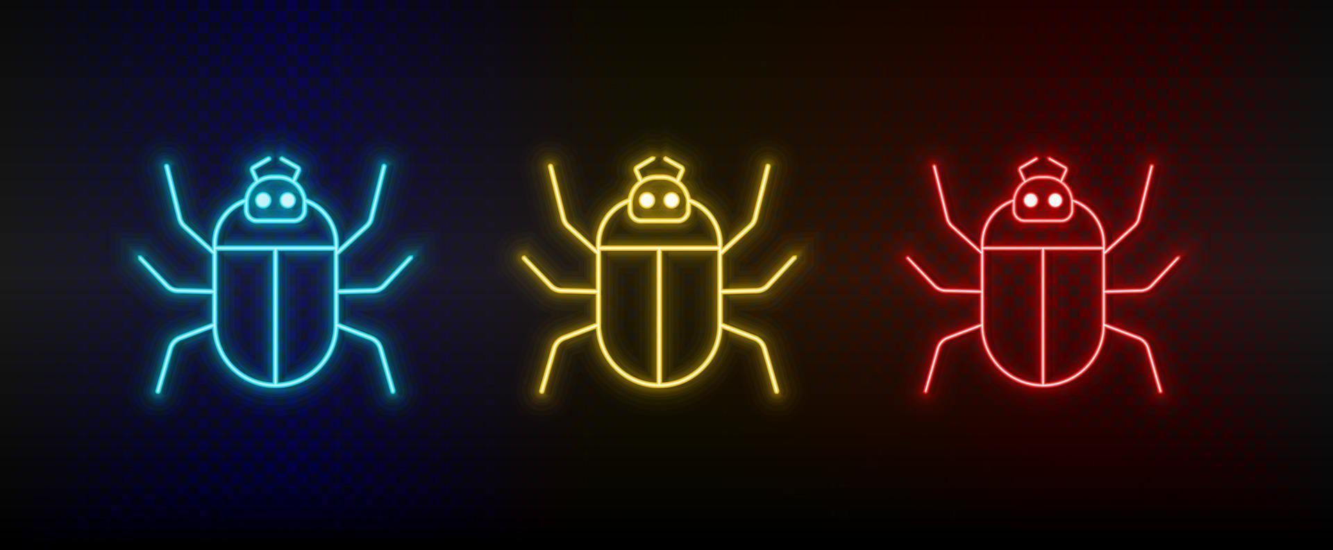 Neon icon set Bug computer. Set of red, blue, yellow neon vector icon on transparency dark background