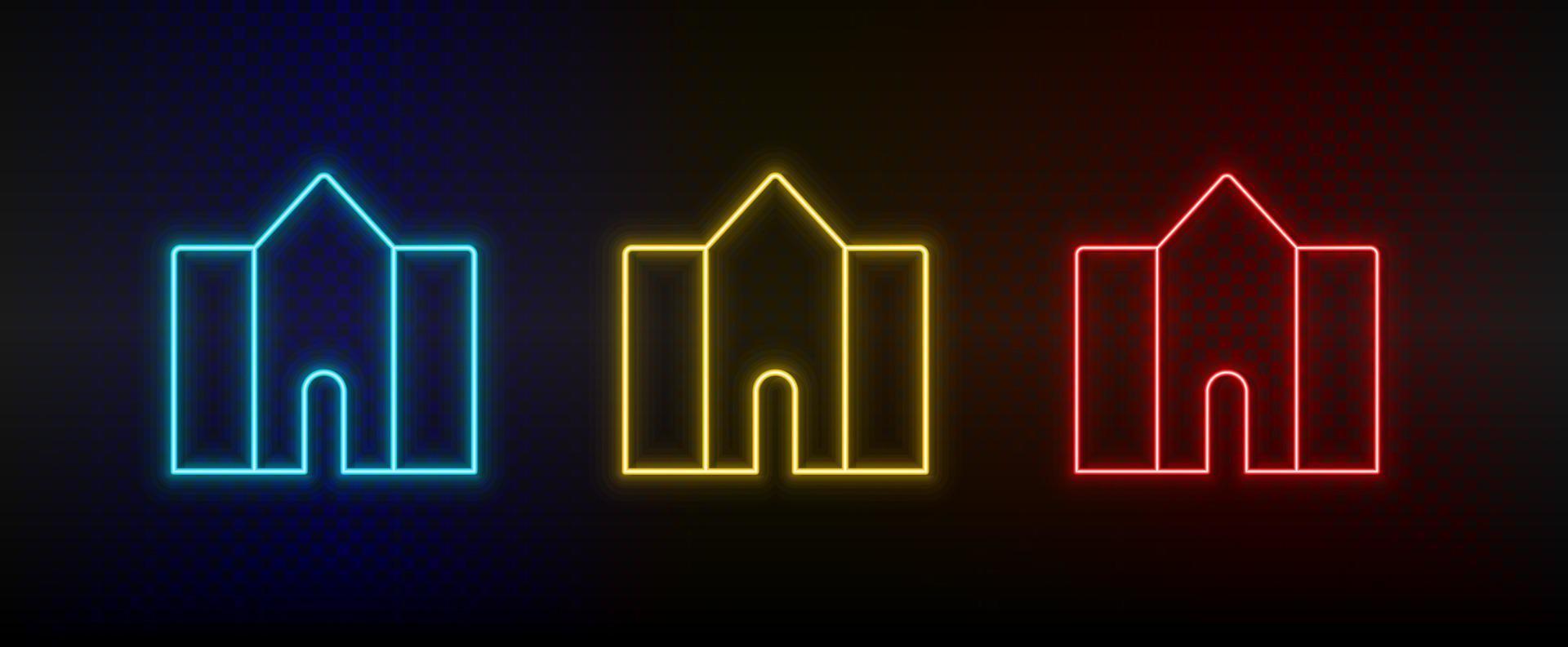 Neon icons, building, college. Set of red, blue, yellow neon vector icon on darken transparent background