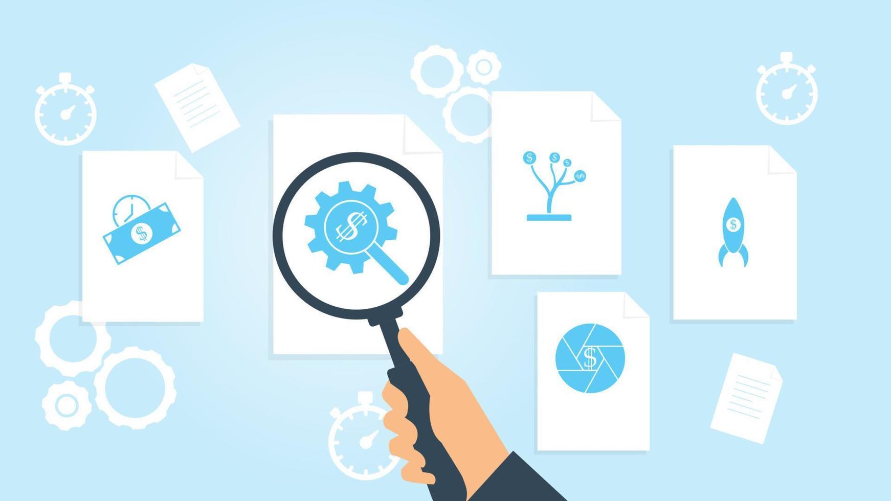 Business project, rocket launch file, document research vector illustrationDocument with search icons. File and magnifying glass. Analytics research sign. Vector Illustration on white background