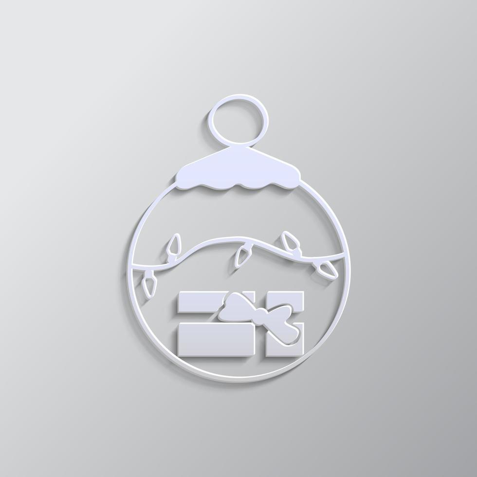 Gift, Christmas ball paper style, icon. Grey color vector background- Paper style vector icon